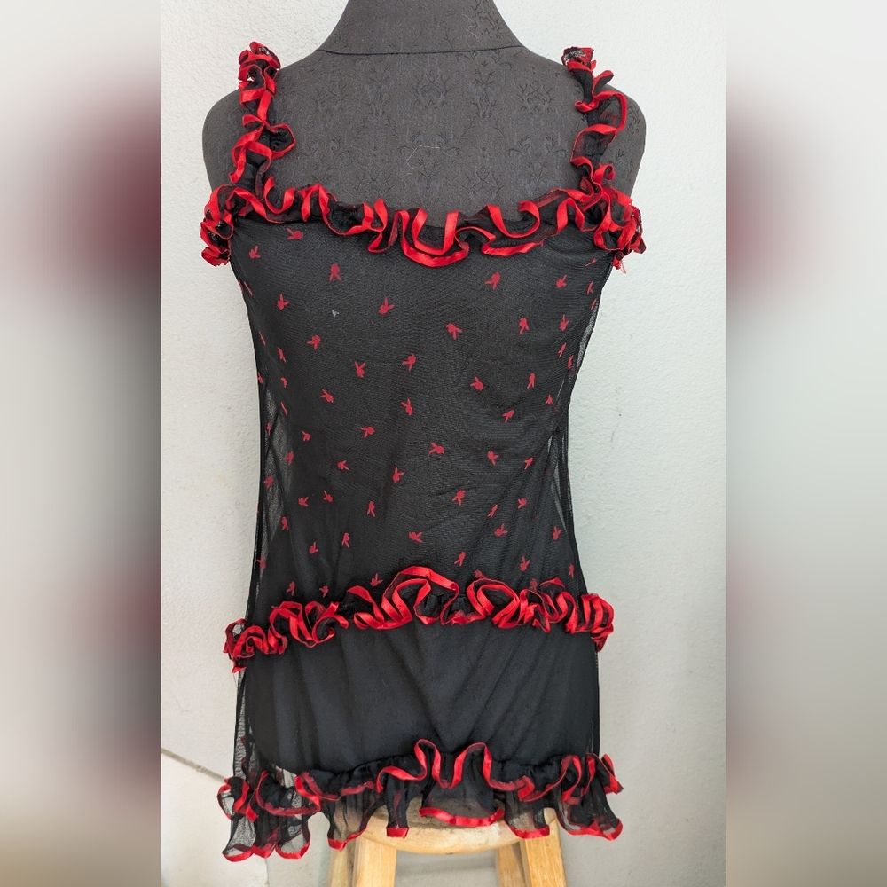 Vintage Playboy Bunny Mesh Ruffle Trim Slip Dress